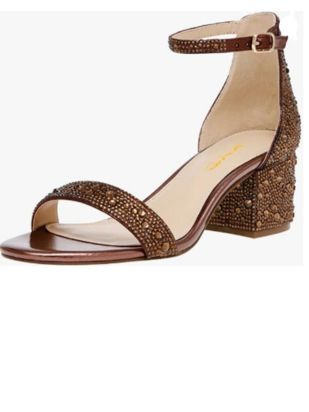 XYD Brown Open Toe Studded Rhinestone Block Heel Bejeweled Ankle Strap Sandal